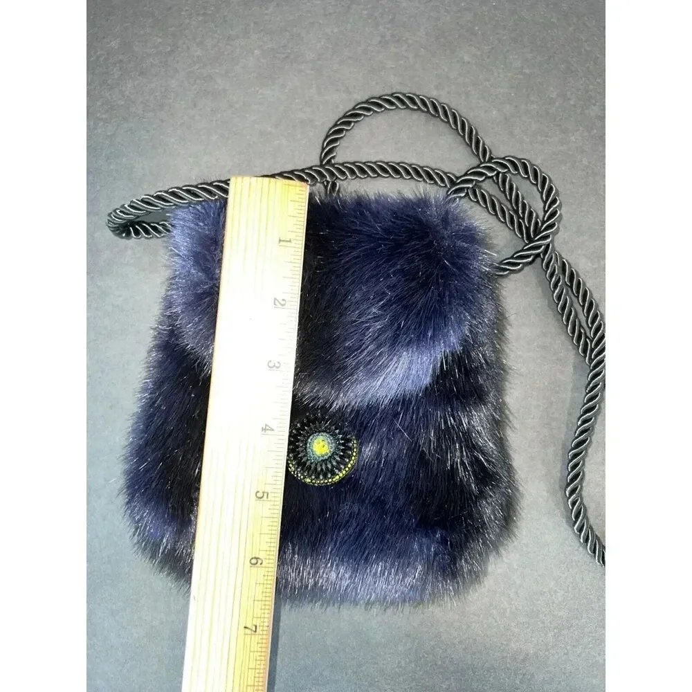 Vintage Christine Clarke faux fur mink purse crossbody satchel bag blue artsy